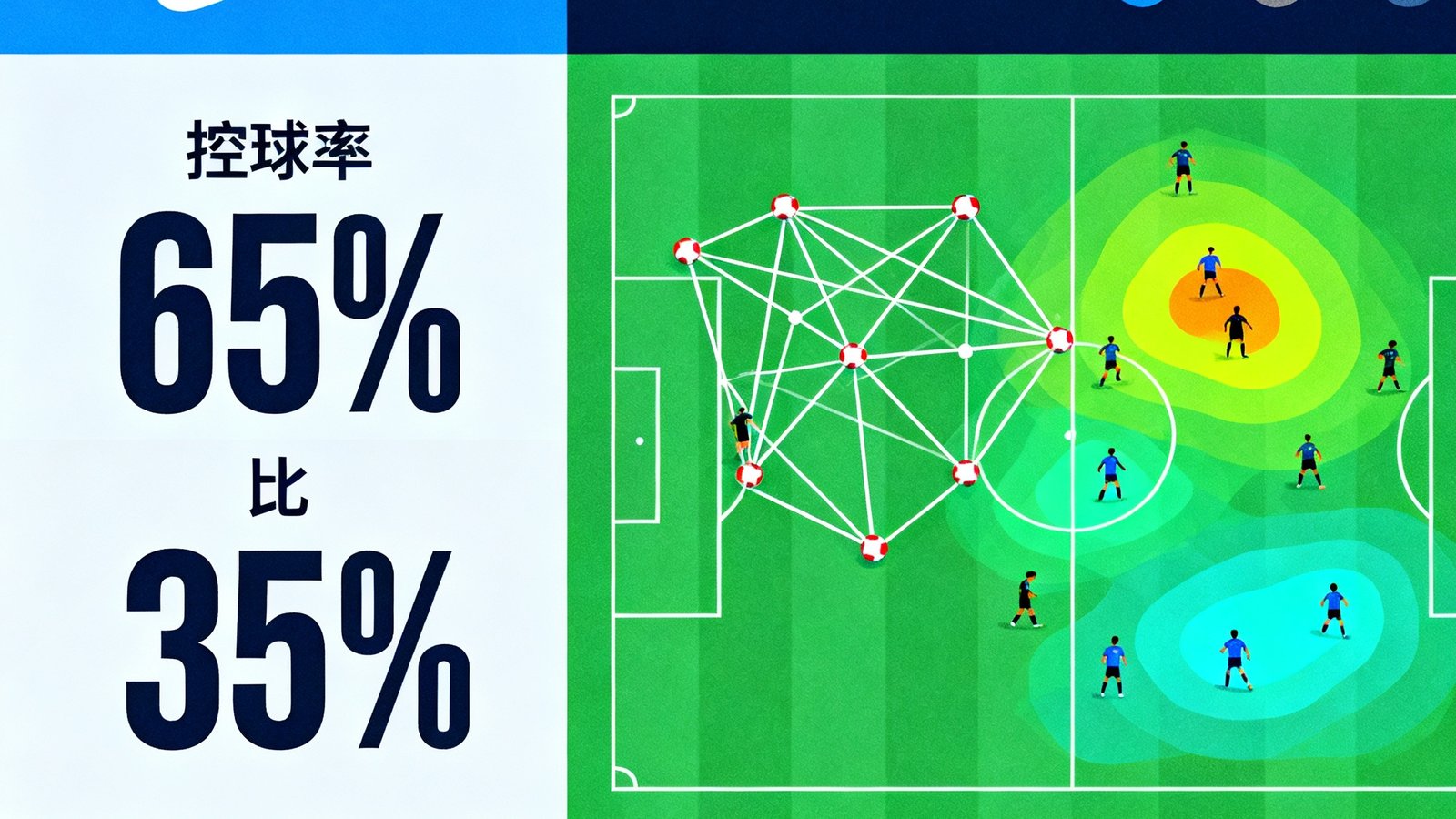 实时足球数据面板，左侧显示控球率65%比35%，右侧为传球网络与球员跑动热区图